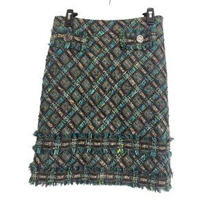 Per Se Woven Plaid Midi Skirt Gray Teal Wool Silk Blend Lined Size 4